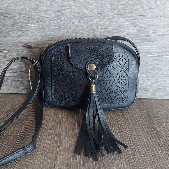 Handbags - Black Laser Cut Faux Leather Mini Crossbody Bag